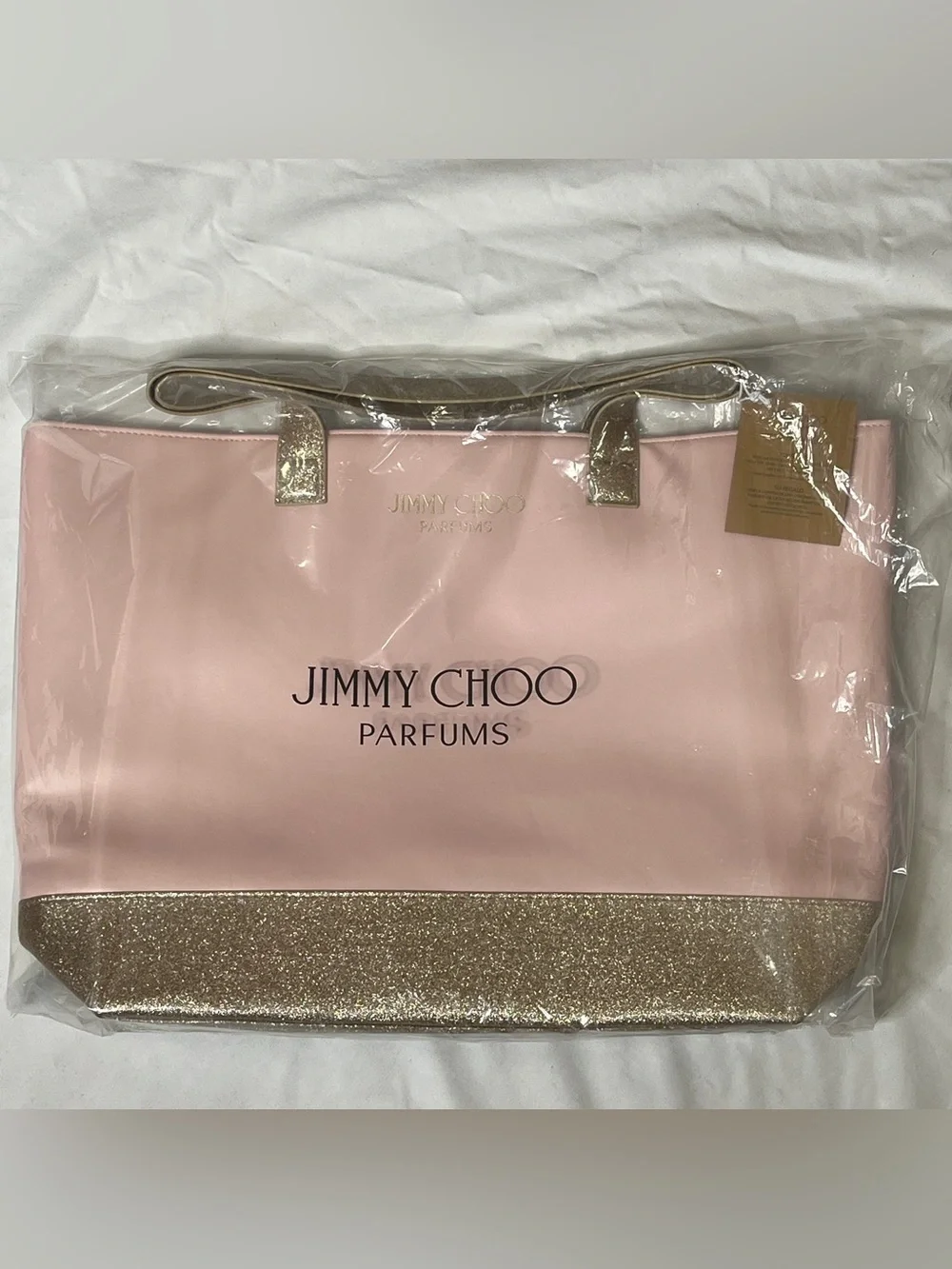 Jimmy Choo Parfum Tote Bag Pink & Gold Glitter Large Shoulder Bag Faux Leather